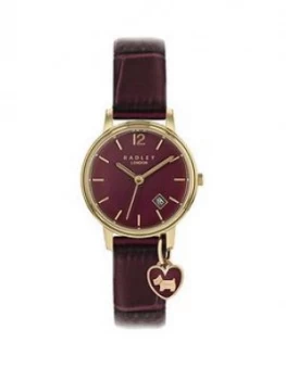 Image of Radley Red And Gold Charm Detail Date Dial Red Leather Strap Ladies Watch