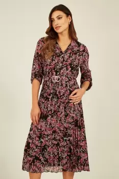 Image of Black Blossom Print Pleated Skirt Midi Dress
