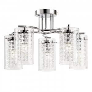 Image of 5 Light Semi Flush Multi Arm Ceiling Light Chrome, Clear Glass Drops, E14