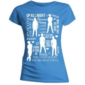 Image of One Direction - Silhouette Lyrics White on Blue Womens Medium T-Shirt - Blue
