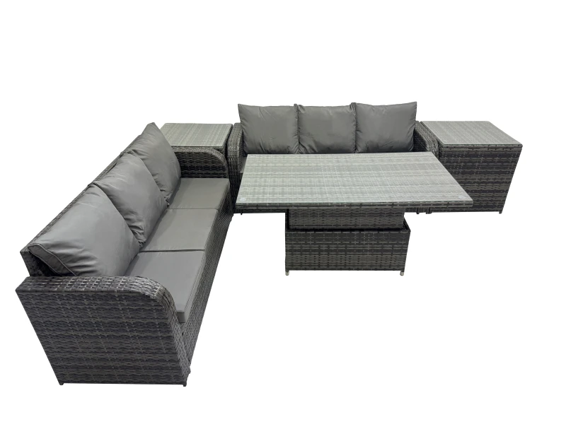 Image of Fimous Rattan Garden Furniture Dining Set 6-seater with 2 Side Table in Dark Grey Dark Grey Unisex