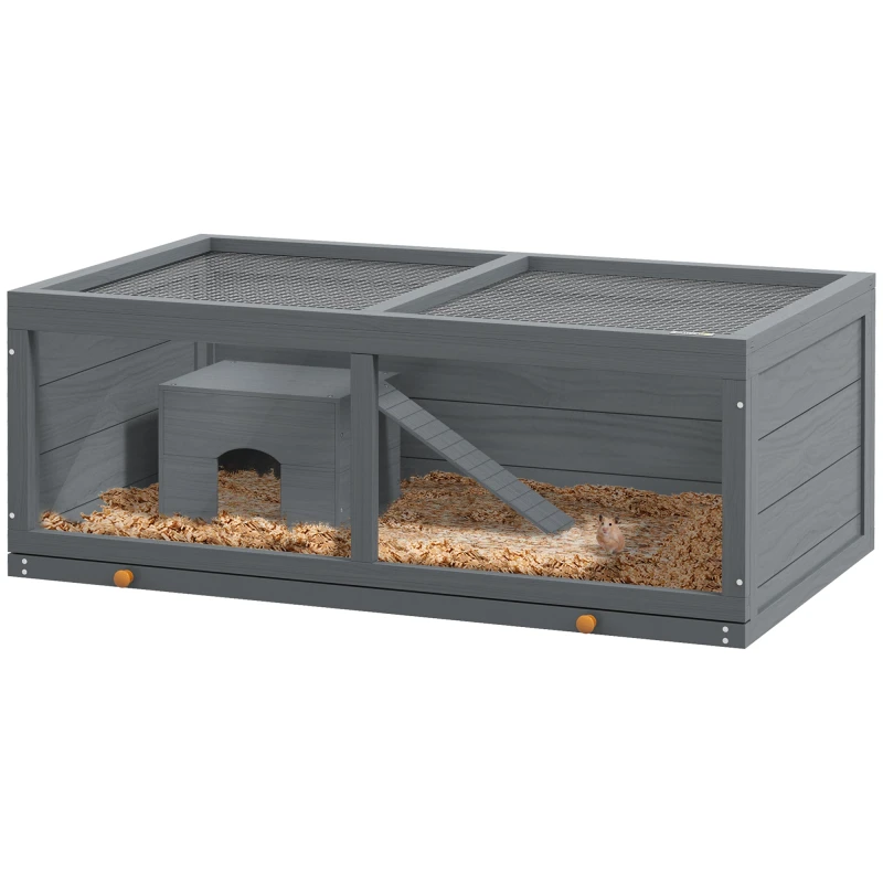 Image of PawHut Wooden Hamster Cage with Sliding Tray, Openable Top, Hut, Grey D51-359V00GY
