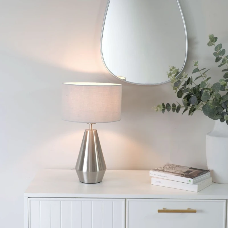 Image of ValueLights Jax Brushed Chrome Dimmable Touch Table Lamp with Fabric Drum Shade Grey