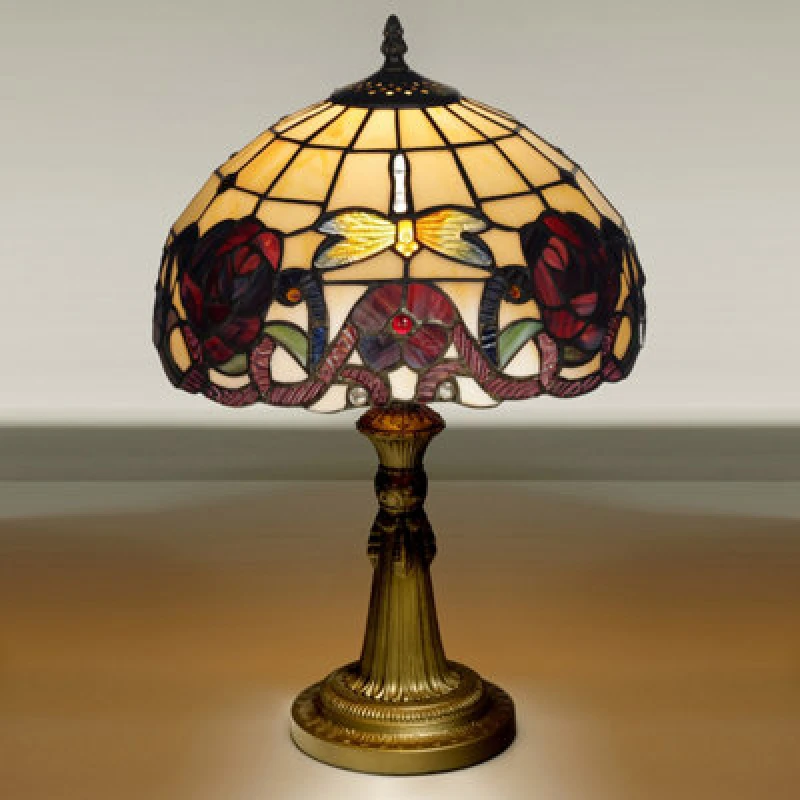 Image of K Living Kliving 12" Wycombe E27-60W Tiffany Table Lamp With Stained Rose Glass Shade