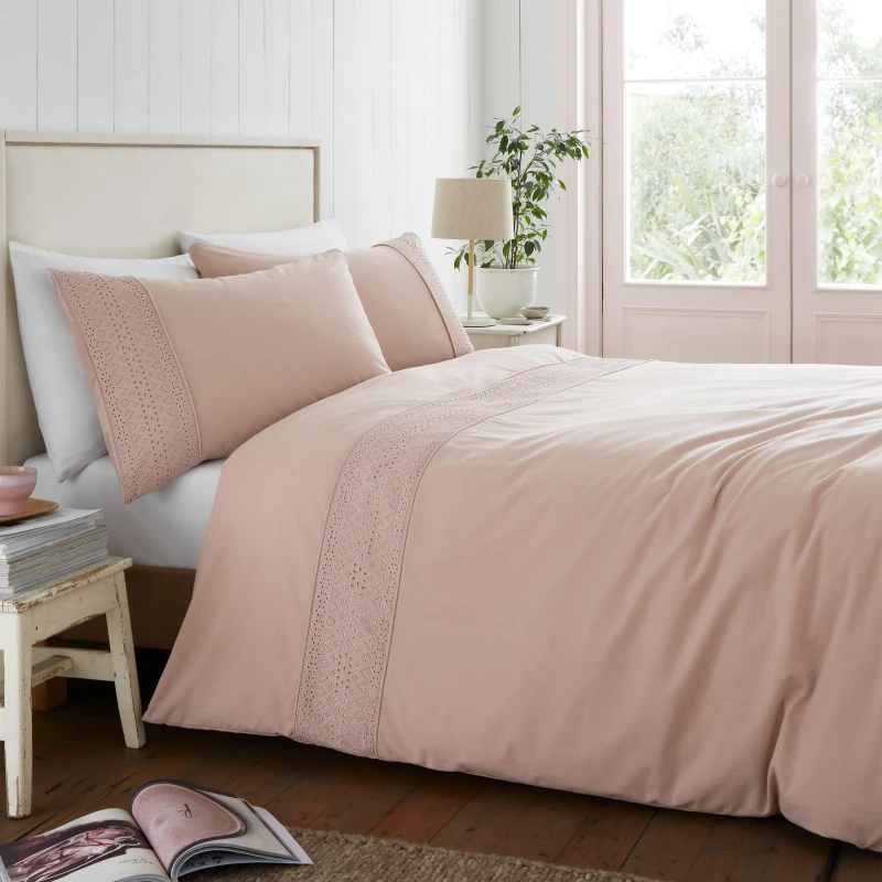Image of Catherine Lansfield Broderie Anglaise Easy Care Duvet Cover Bedding Set Blush Pink
