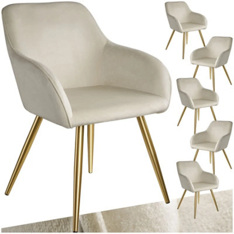 Image of Tectake Set Of 6 Chair Marilyn With Velvet Cover, Gold Steel Legs And Plush Padding - Cream/gold