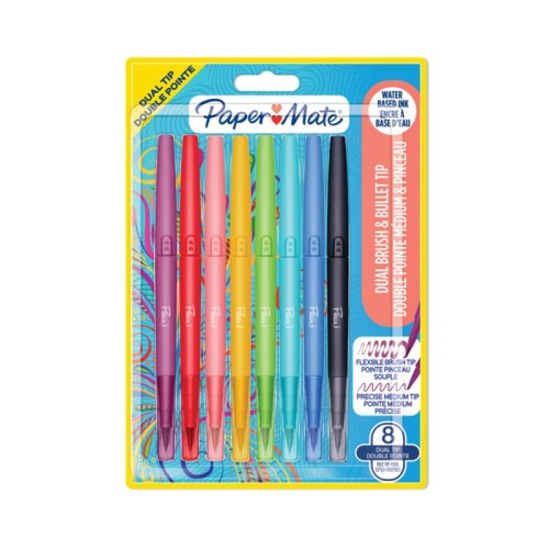 Image of Paper Mate Paper Mate Flair Dual Felt Tip Brush + Medium Tip Assorted (Pack of 8) 2199386 2199386