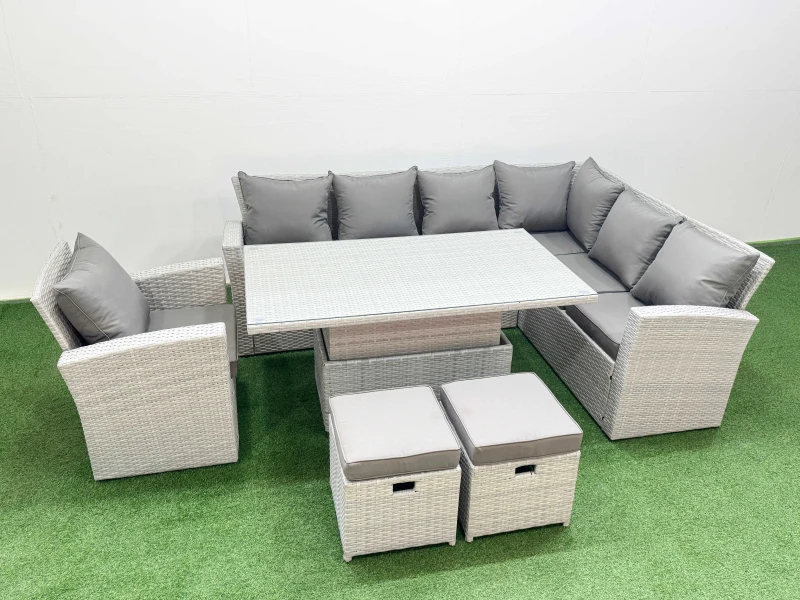 Image of Fimous 9 Seat Rattan Garden Furniture Corner Sofa Set with 2 Small Footstools in Light Grey Light Grey Unisex