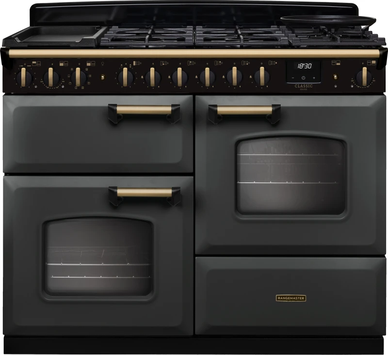 Image of Rangemaster Classic Deluxe 110 CLDLO110DFPSLT/AB1 110cm wide Dual Fuel Range Cooker with Gas Hob - Slate / Antique Brass - A Rated