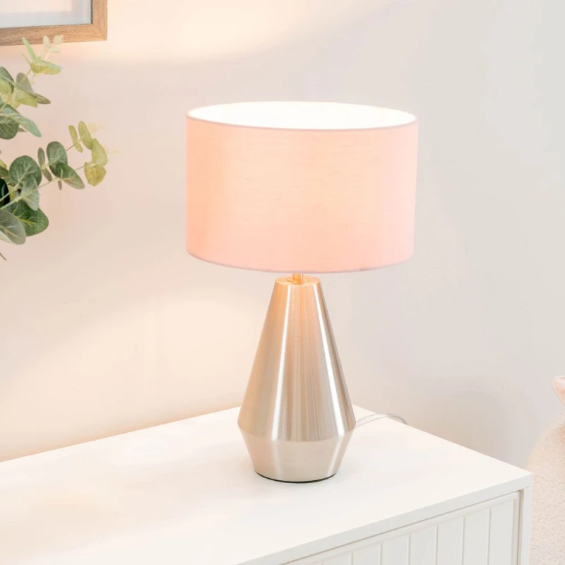 Image of ValueLights Jax Brushed Chrome Dimmable Touch Table Lamp with Fabric Drum Shade Baby Pink
