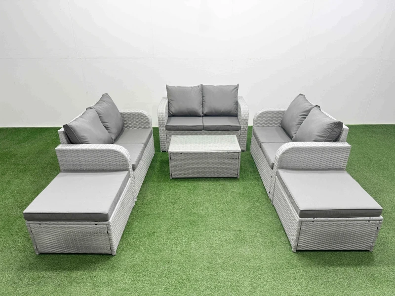 Image of Fimous 8 Seater PE Wicker Rattan Furniture Sofa Sets with Rectangular Coffee Table 2 Seater Love Sofa 2 Big Footstool Light Grey Light Grey