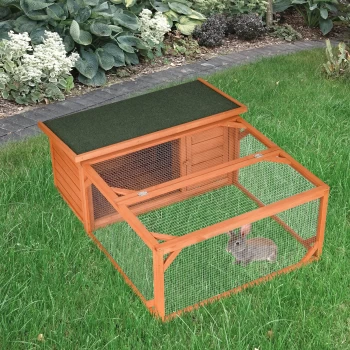 Image of PawHut Rabbit Hutch Small Animal Guinea Pig House Off-ground Ferret Bunny Cage Backyard with Openable Main House & Run Roof 125.5 x 100 x 49cm Orange