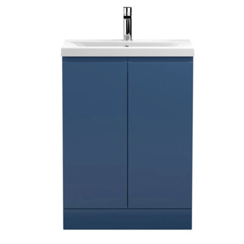 Image of Nuie Hudson Reed Urban Floor Standing 2 Soft Close Door Vanity Unit With Mid-Edge Basin, Modern Vanity Unit In Satin Blue, 600mm