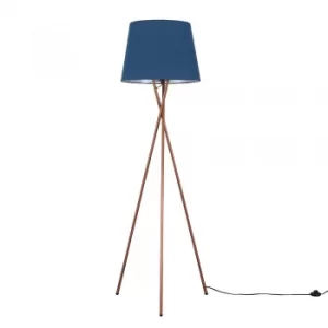 Image of Camden Copper Tripod Floor Lamp with XL Navy Blue Aspen Shade