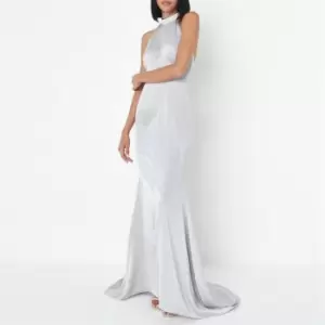 Image of Missguided Halterneck Train Hem Satin Maxi Dress - Grey