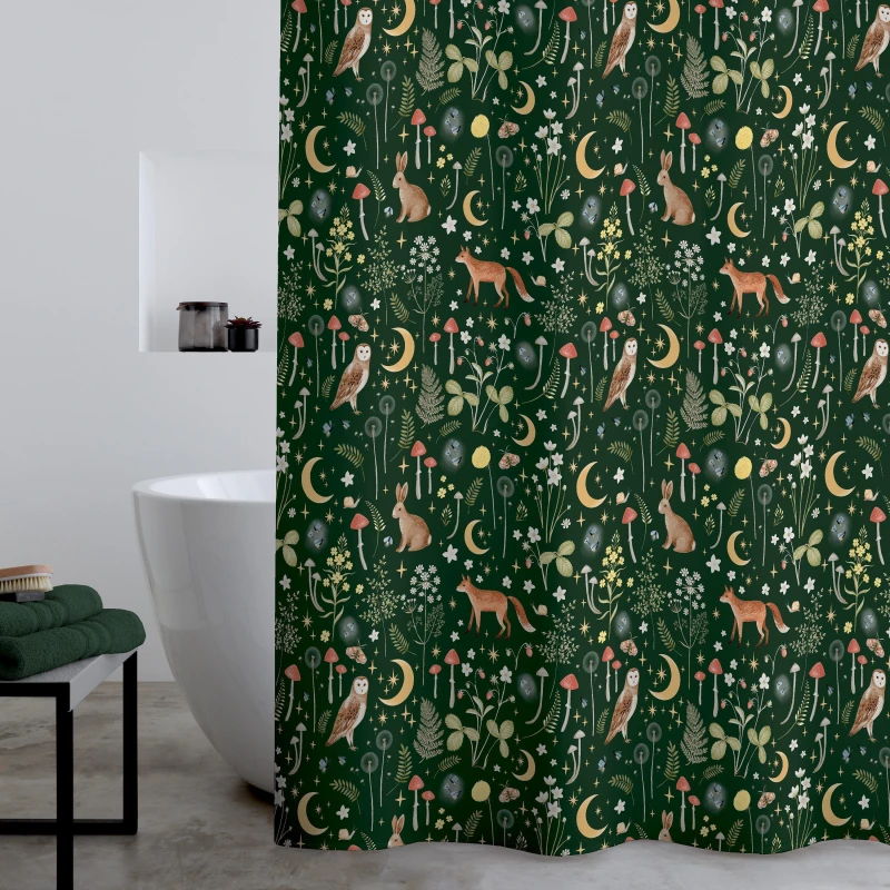 Image of Catherine Lansfield Catherine Lansfield 'Enchanted Twilight Animals' Shower Curtain in Dark Green Size: 180cm width x 180cm drop Dark Green 180cm wi