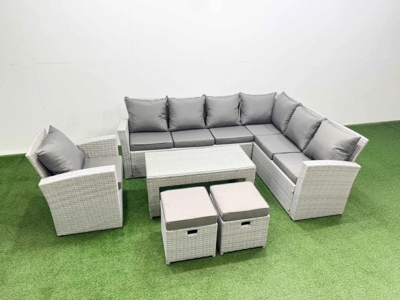 Image of Fimous Rattan Furniture Set 6 Pieces Outdoor Sofa Coffee Table with Chair in Light Grey Light Grey Unisex