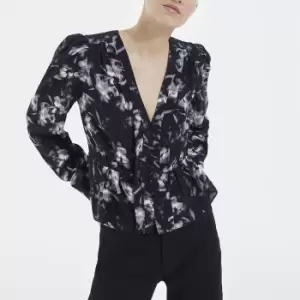Image of Printed V-Neck Blouse with Long Puff Sleeves