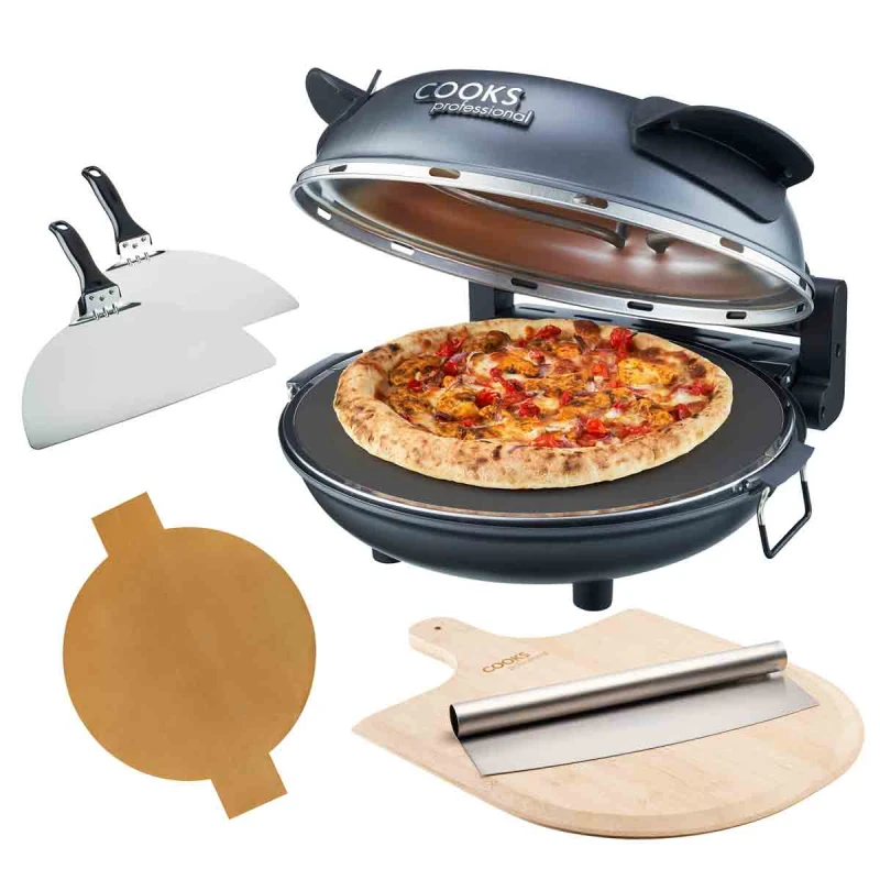 Image of Cooks Professional Electric Pizza Oven Set with Board, Paddles, Baking Sheet & Cutter in Grey Grey Unisex