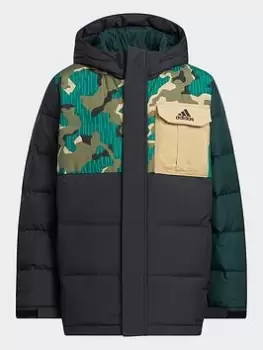 Image of Boys, adidas Allover Print Block Down Jacket, Green, Size 4-5 Years