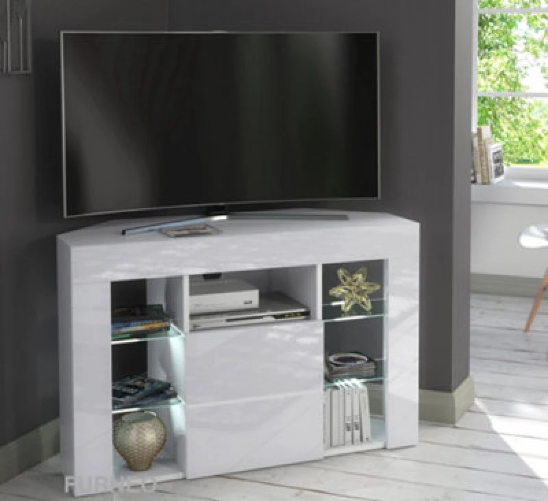Image of Furneo Venico 02 White Corner TV Stand 100Cm Matt & High Gloss White LED Lights