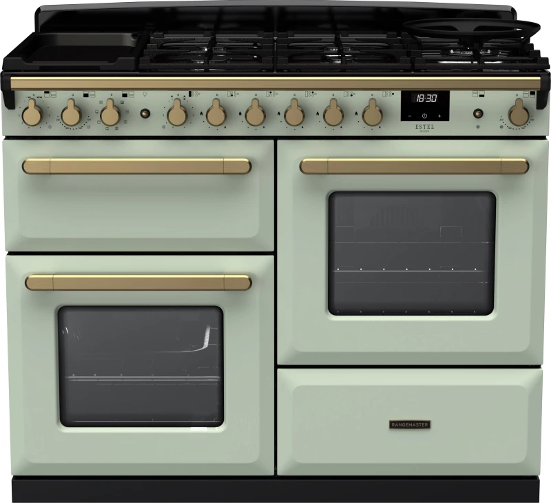 Image of Rangemaster Estel Deluxe ESDLO110DFPMNT/AB1 110cm wide Dual Fuel Range Cooker with Gas Hob - Mint / Antique Brass - A/A Rated