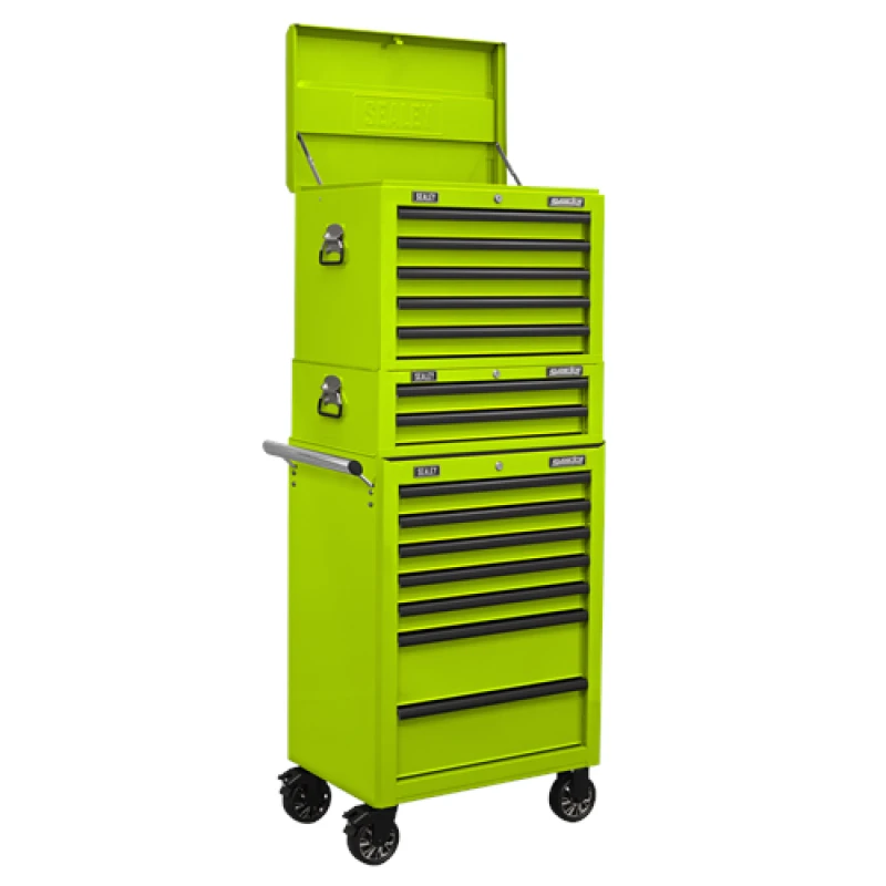 Image of Sealey Superline Pro Topchest, Mid-Box & Rollcab Combination 14 Drawer with Ball-Bearing Slides - Green APSTACKTHV