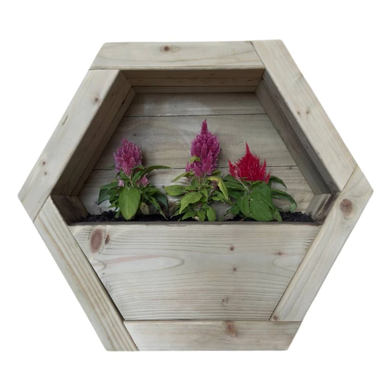 Image of Buttercup Farm Large Hanging Wooden Hexagon Wall Planter - L16 x W54 x H47cm in Light Brown Light Brown Unisex